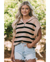 Khaki Stripe Zipped Collar Short Sleeve Sweater - M