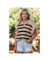 Khaki Stripe Zipped Collar Short Sleeve Sweater - M