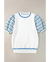 White Crochet Striped Bubble Sleeve Knit Sweater - M