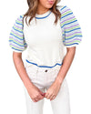 White Crochet Striped Bubble Sleeve Knit Sweater - M