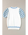 White Crochet Striped Bubble Sleeve Knit Sweater - M