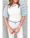 White Crochet Striped Bubble Sleeve Knit Sweater - M