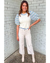 White Crochet Striped Bubble Sleeve Knit Sweater - M