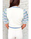 White Crochet Striped Bubble Sleeve Knit Sweater - M