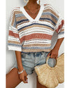 Multicolour Striped Hollow Out Half Sleeve Knitted Sweater - L