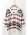 Multicolour Striped Hollow Out Half Sleeve Knitted Sweater - L
