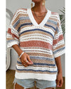 Multicolour Striped Hollow Out Half Sleeve Knitted Sweater - S