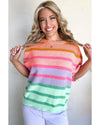 Rose Red Colorful Stripe Bubble Short Sleeve Sweater - M