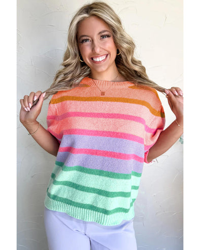 Rose Red Colorful Stripe Bubble Short Sleeve Sweater - M