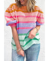 Rose Red Colorful Stripe Bubble Short Sleeve Sweater - M