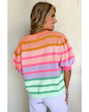 Rose Red Colorful Stripe Bubble Short Sleeve Sweater - M