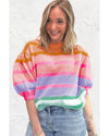 Rose Red Colorful Stripe Bubble Short Sleeve Sweater - M