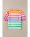 Rose Red Colorful Stripe Bubble Short Sleeve Sweater - M
