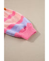 Rose Red Colorful Stripe Bubble Short Sleeve Sweater - M