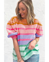 Rose Red Colorful Stripe Bubble Short Sleeve Sweater - M