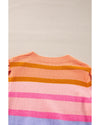 Rose Red Colorful Stripe Bubble Short Sleeve Sweater - M