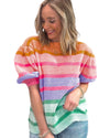 Rose Red Colorful Stripe Bubble Short Sleeve Sweater - M