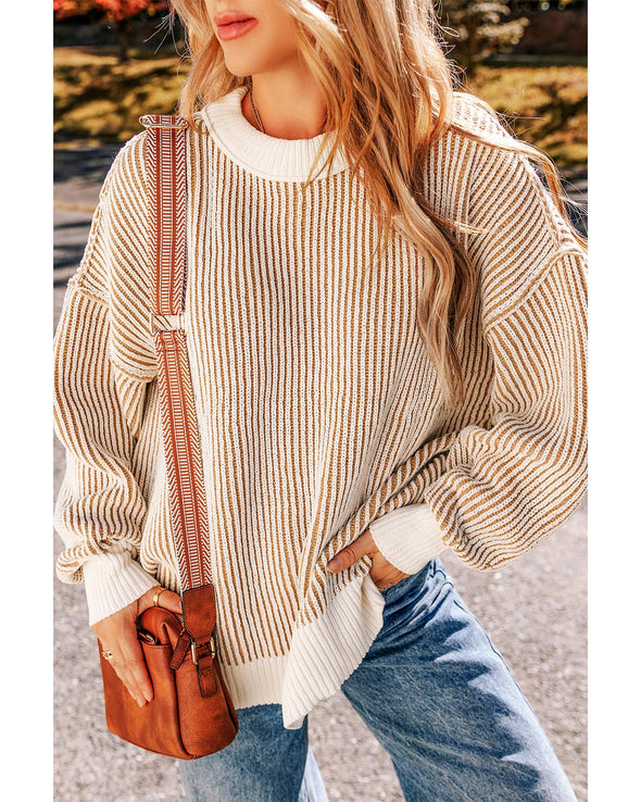 Chestnut Striped Textured Knit Contrast Edge Loose Sweater - L