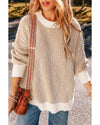 Chestnut Striped Textured Knit Contrast Edge Loose Sweater - L