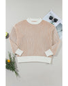 Chestnut Striped Textured Knit Contrast Edge Loose Sweater - L