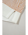 Chestnut Striped Textured Knit Contrast Edge Loose Sweater - L