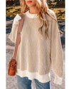 Chestnut Striped Textured Knit Contrast Edge Loose Sweater - L