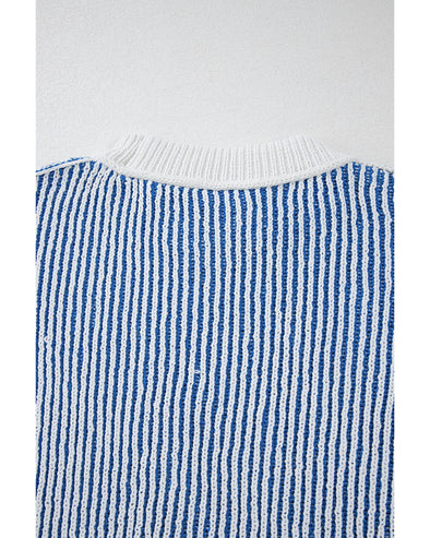 Dark Blue Striped Textured Knit Contrast Edge Loose Sweater - 2XL