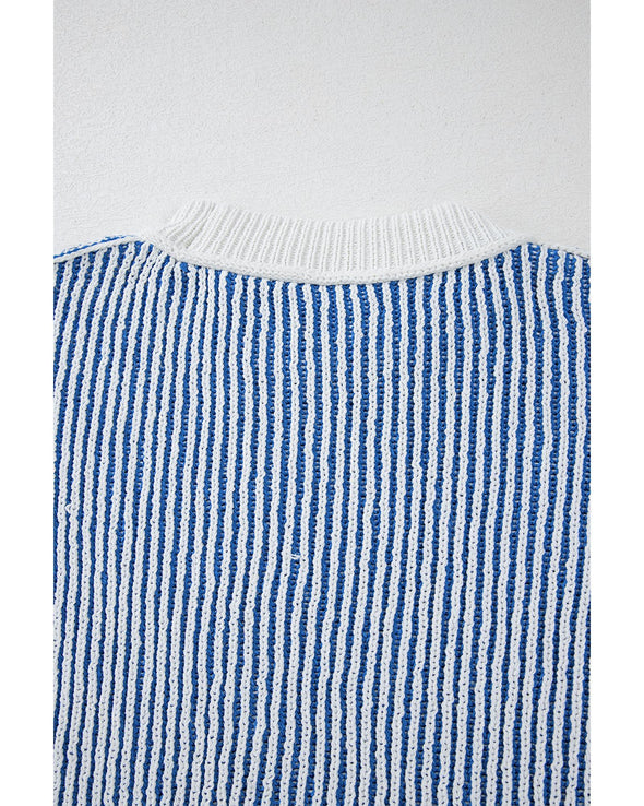 Dark Blue Striped Textured Knit Contrast Edge Loose Sweater - 2XL
