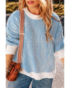 Dark Blue Striped Textured Knit Contrast Edge Loose Sweater - 2XL