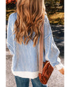 Dark Blue Striped Textured Knit Contrast Edge Loose Sweater - 2XL