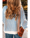 Dark Blue Striped Textured Knit Contrast Edge Loose Sweater - 2XL
