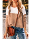 Straw Yellow Colorblock Ribbed Trim Round Neck Sweater - M