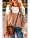 Straw Yellow Colorblock Ribbed Trim Round Neck Sweater - M