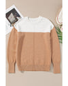 Straw Yellow Colorblock Ribbed Trim Round Neck Sweater - M