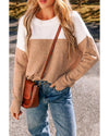 Straw Yellow Colorblock Ribbed Trim Round Neck Sweater - M