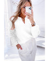 White Flower Detail Knitted Notched Neck Sweater - M