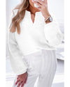 White Flower Detail Knitted Notched Neck Sweater - S