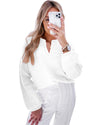 White Flower Detail Knitted Notched Neck Sweater - XL