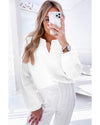 White Flower Detail Knitted Notched Neck Sweater - XL