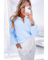 Beau Blue Flower Detail Knitted Notched Neck Sweater - S
