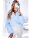 Beau Blue Flower Detail Knitted Notched Neck Sweater - S