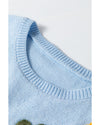 Light Blue Knitted Flower Pattern Ribbed Edge Sweater - 2XL