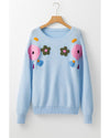 Light Blue Knitted Flower Pattern Ribbed Edge Sweater - S