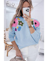 Light Blue Knitted Flower Pattern Ribbed Edge Sweater - S