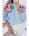 Light Blue Knitted Flower Pattern Ribbed Edge Sweater - S