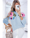 Light Blue Knitted Flower Pattern Ribbed Edge Sweater - S