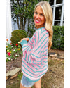 Pink Stripe Trimmed Round Neck Drop Shoulder Loose Sweater - M