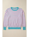 Pink Stripe Trimmed Round Neck Drop Shoulder Loose Sweater - M