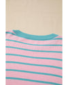 Pink Stripe Trimmed Round Neck Drop Shoulder Loose Sweater - M
