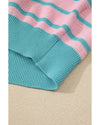 Pink Stripe Trimmed Round Neck Drop Shoulder Loose Sweater - M